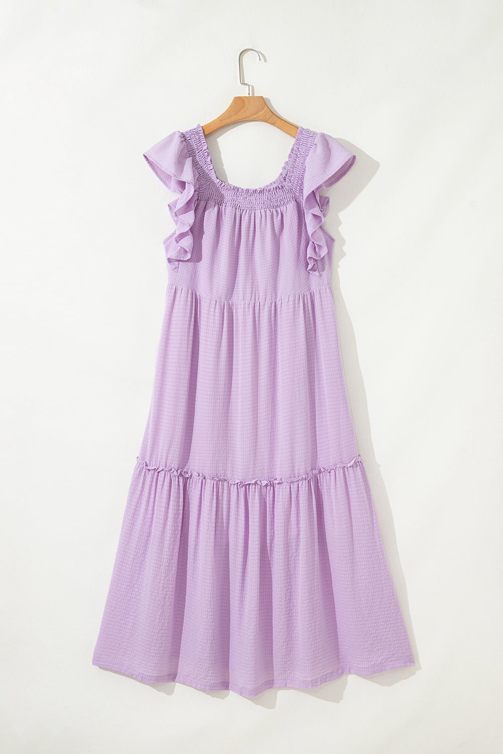 Purple Ruffled Flutter Sleeve Square Neck Textured Tiered Maxi Dress - MAD RUFFI
