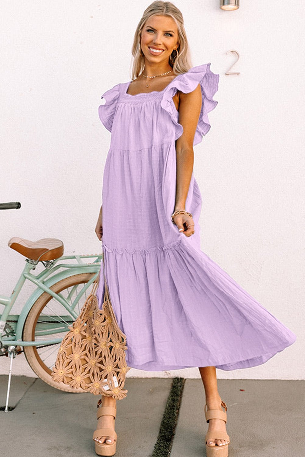 Purple Ruffled Flutter Sleeve Square Neck Textured Tiered Maxi Dress - MAD RUFFI