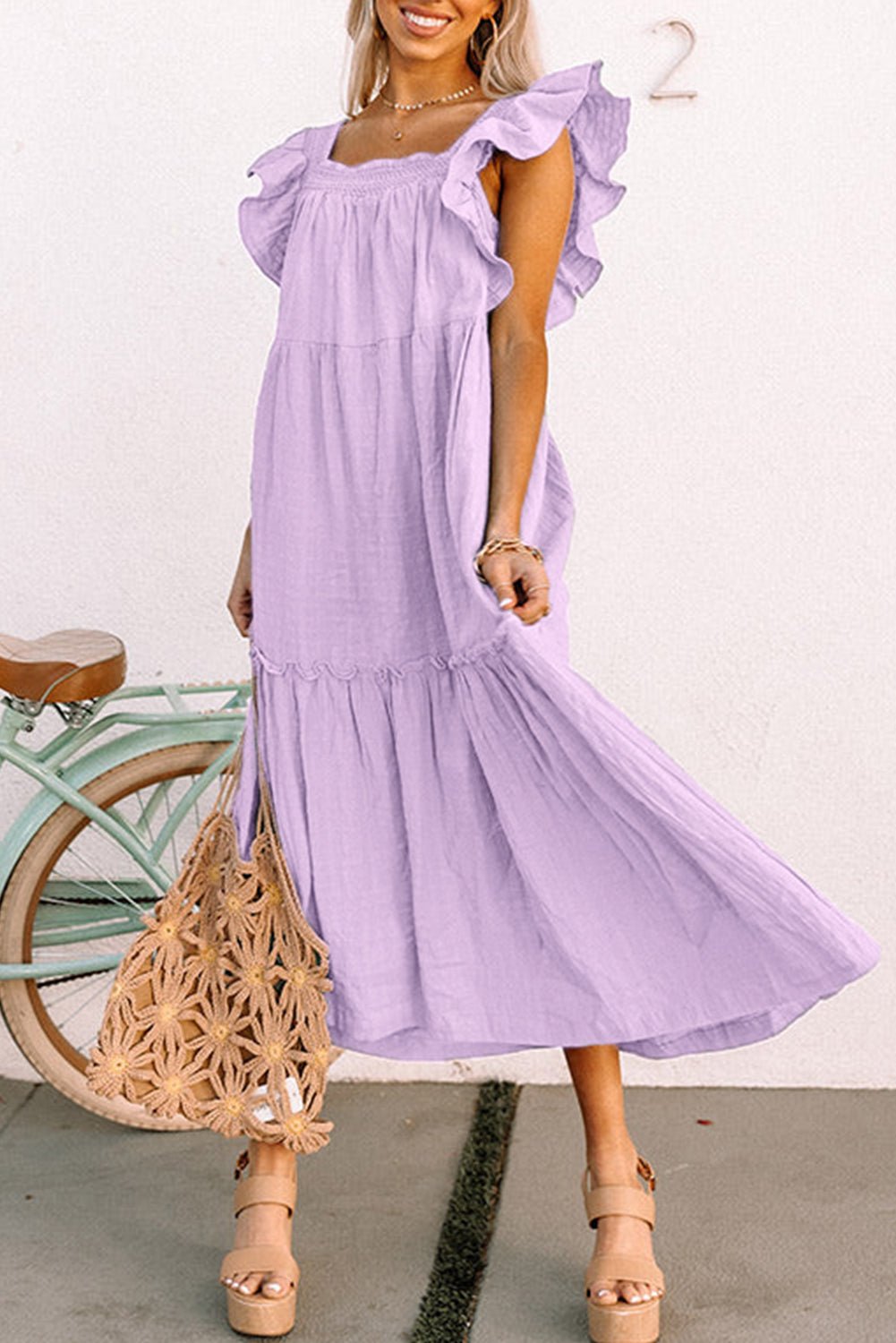 Purple Ruffled Flutter Sleeve Square Neck Textured Tiered Maxi Dress - MAD RUFFI