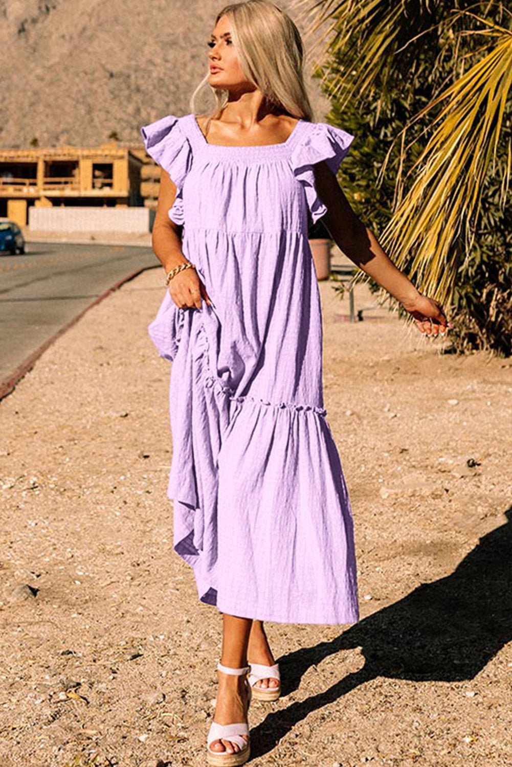 Purple Ruffled Flutter Sleeve Square Neck Textured Tiered Maxi Dress - MAD RUFFI