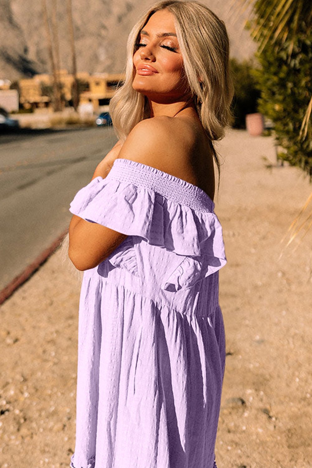 Purple Ruffled Flutter Sleeve Square Neck Textured Tiered Maxi Dress - MAD RUFFI