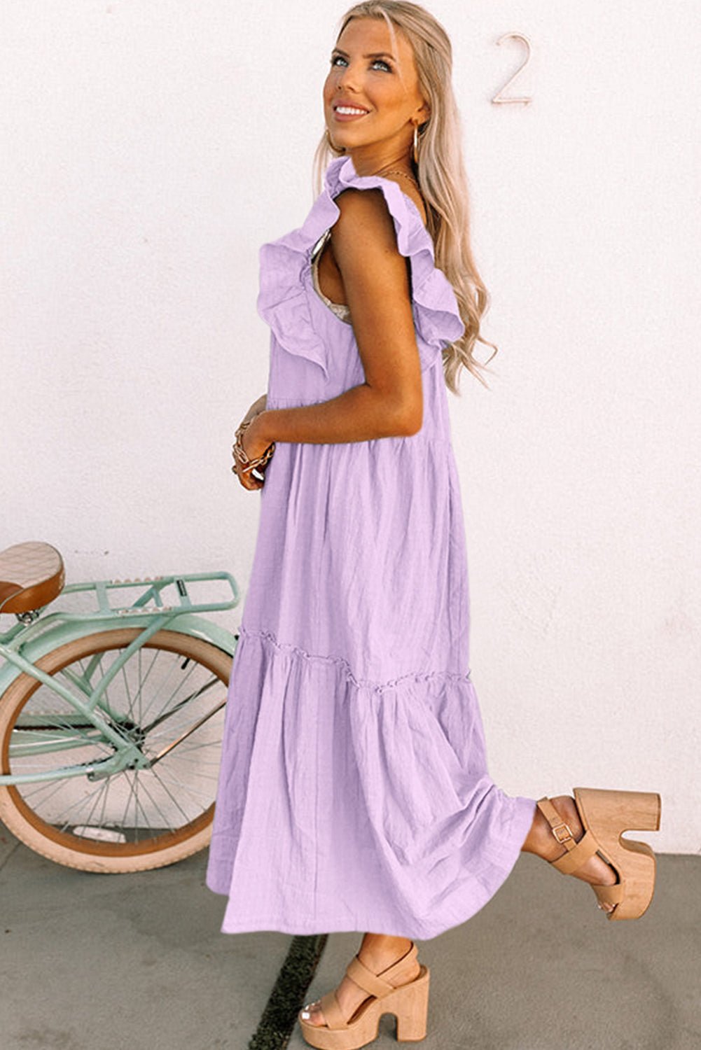 Purple Ruffled Flutter Sleeve Square Neck Textured Tiered Maxi Dress - MAD RUFFI