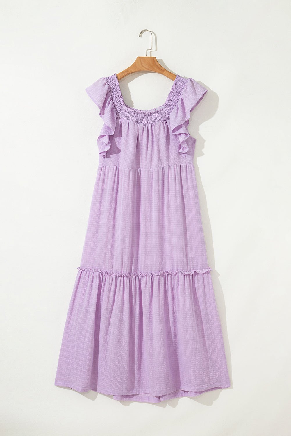 Purple Ruffled Flutter Sleeve Square Neck Textured Tiered Maxi Dress - MAD RUFFI