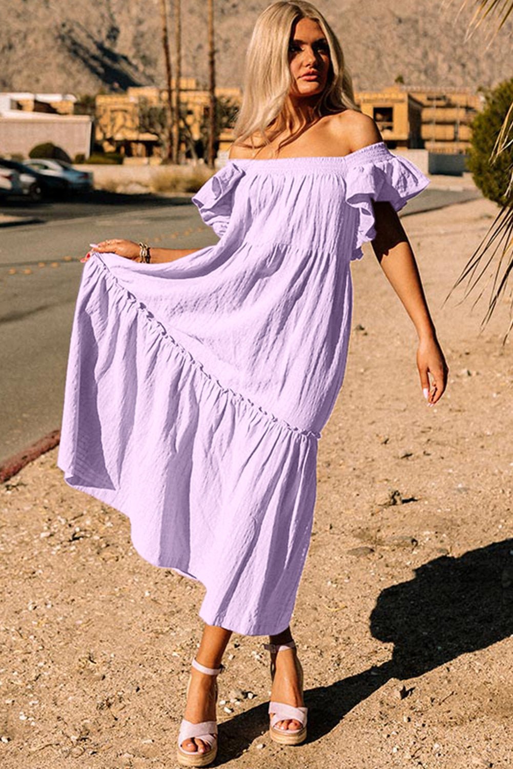 Purple Ruffled Flutter Sleeve Square Neck Textured Tiered Maxi Dress - MAD RUFFI