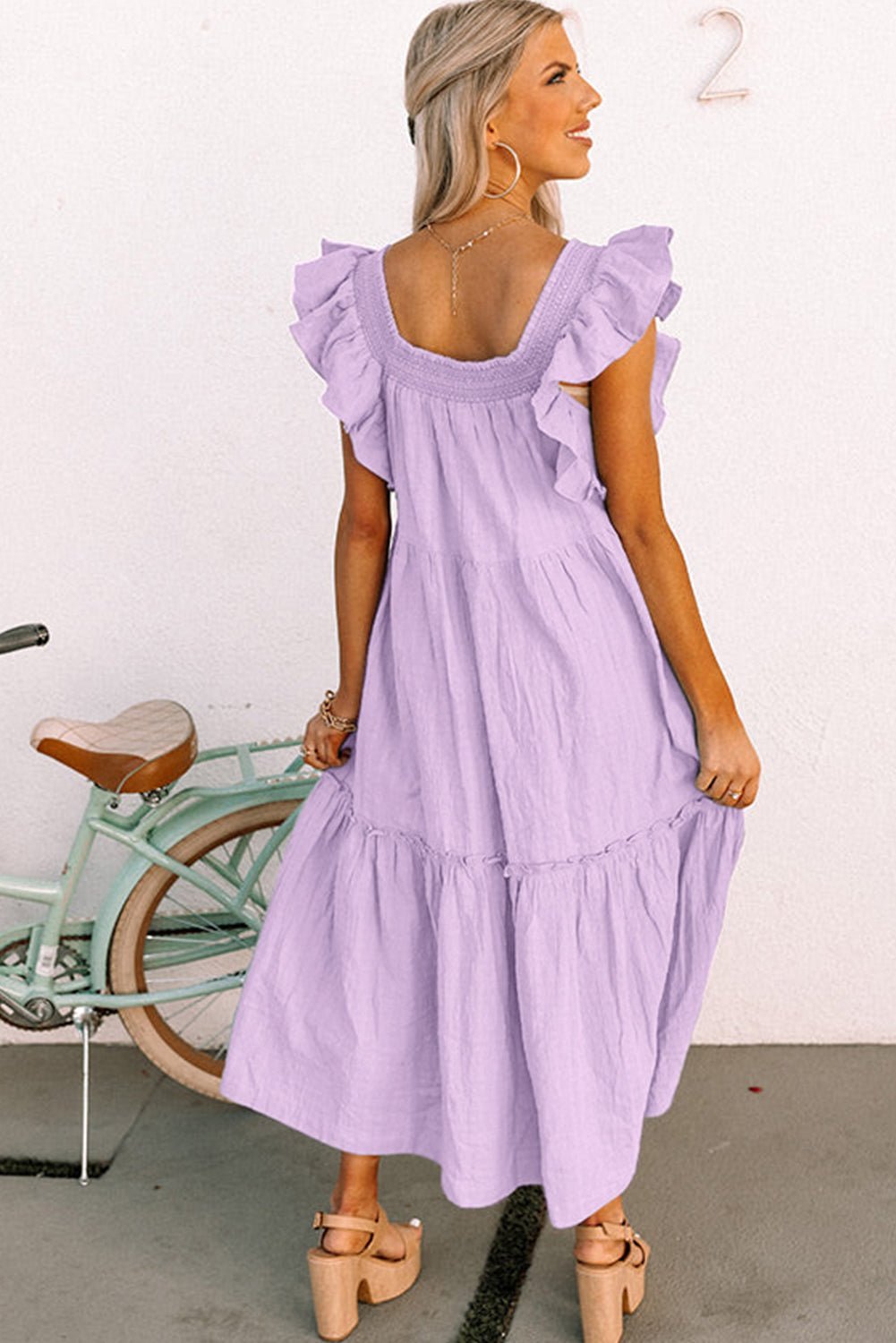 Purple Ruffled Flutter Sleeve Square Neck Textured Tiered Maxi Dress - MAD RUFFI