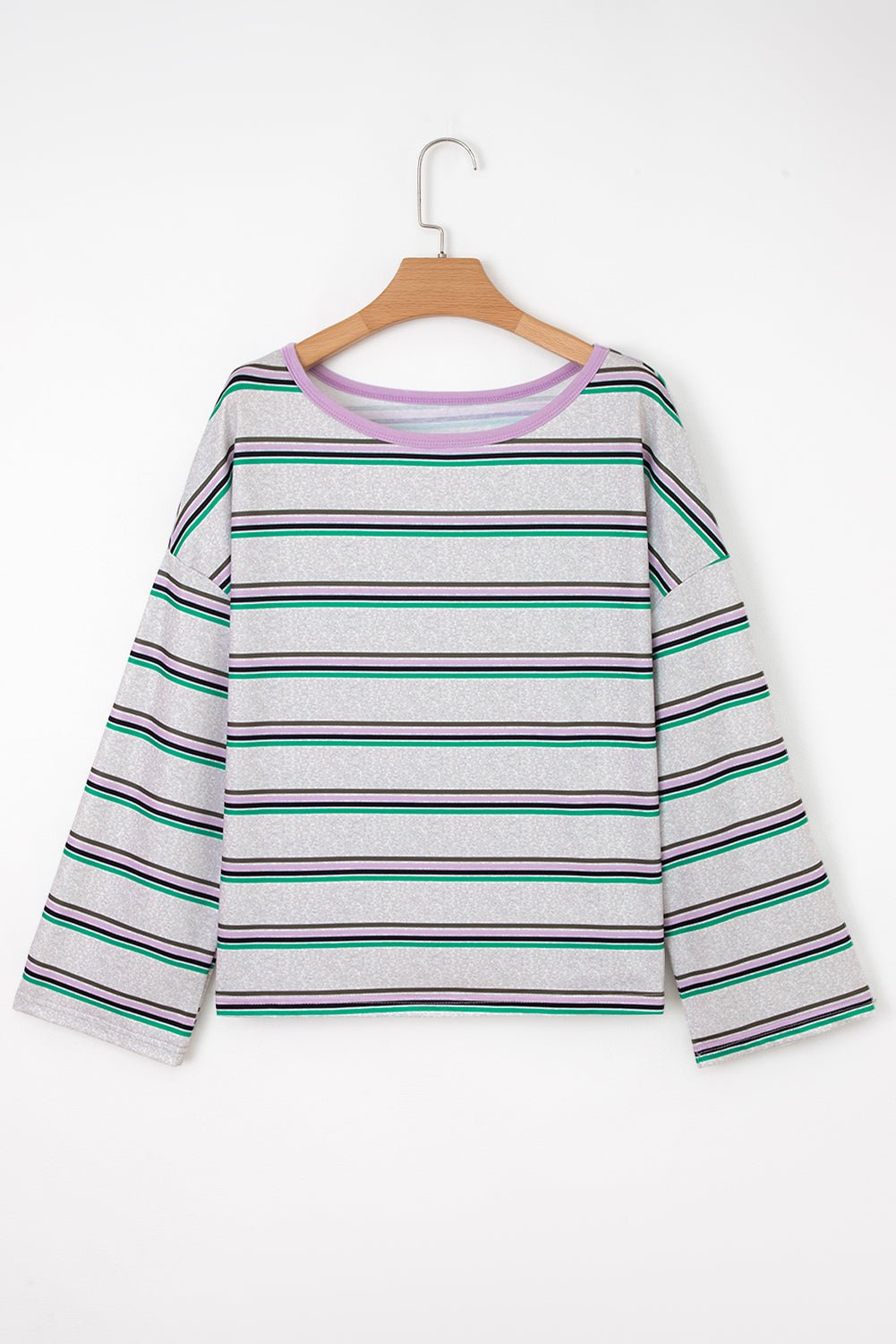 Purple Stripe Oversize Drop Shoulder Long Sleeve Casual Top - MAD RUFFI
