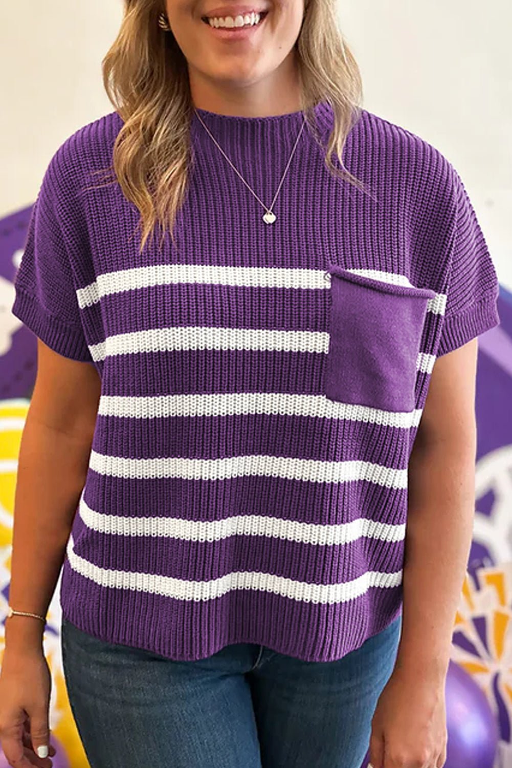 Purple Stripe Raw Edge Patched Pocket Short Sleeve Knit Sweater - MAD RUFFI