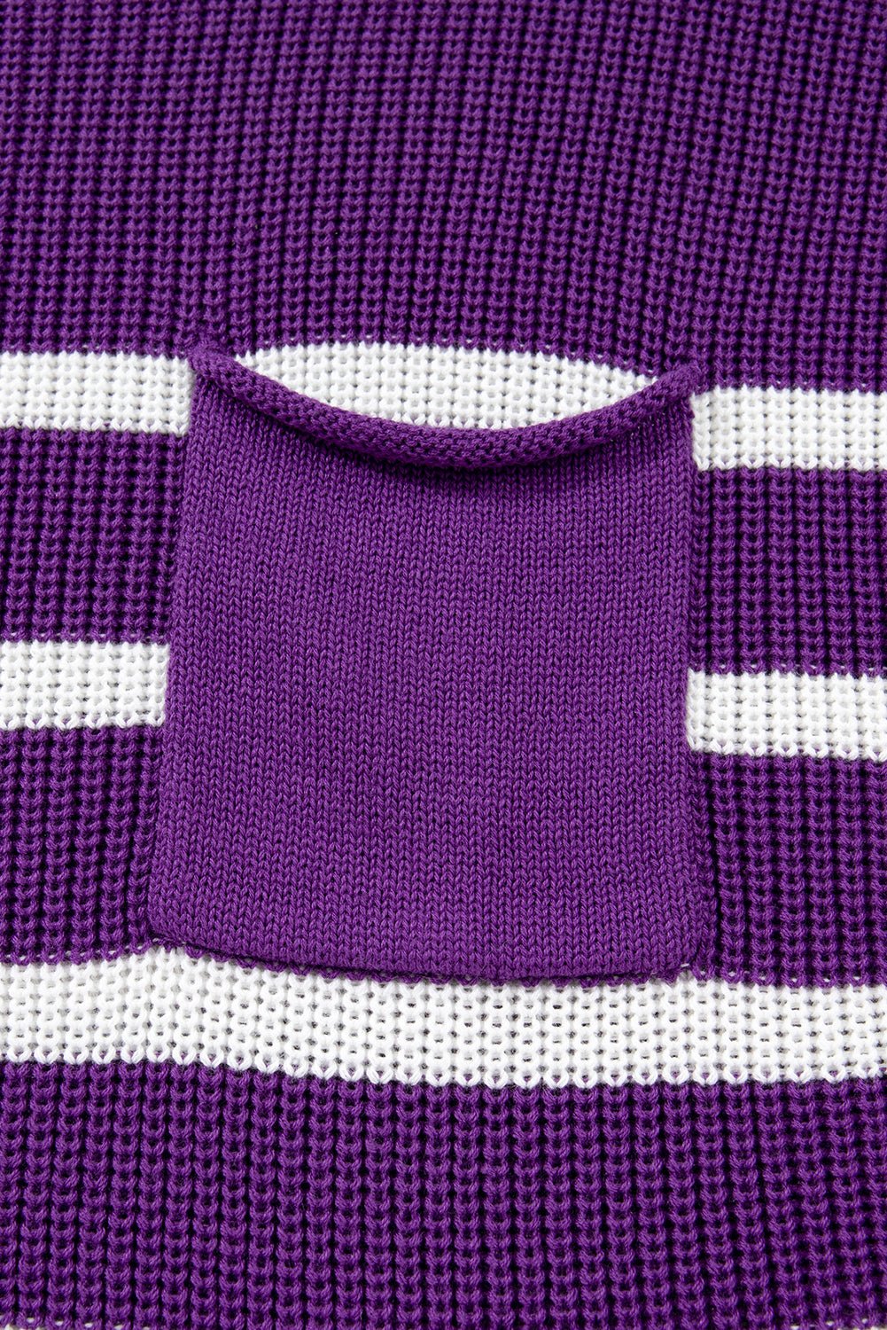 Purple Stripe Raw Edge Patched Pocket Short Sleeve Knit Sweater - MAD RUFFI