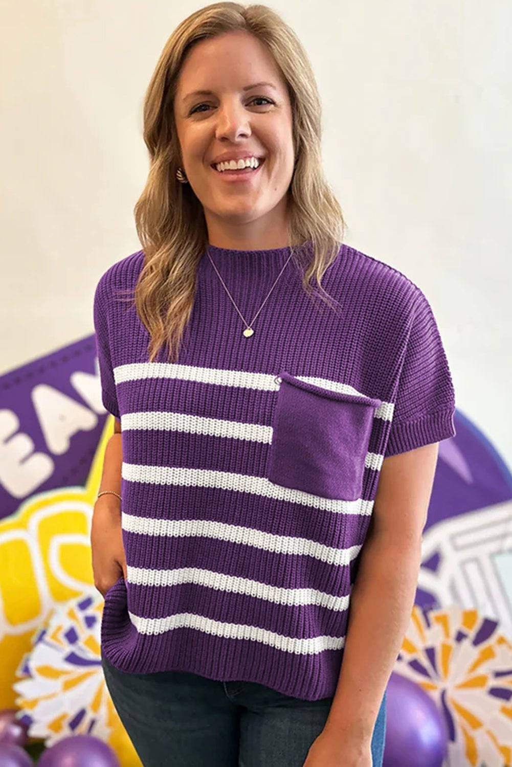 Purple Stripe Raw Edge Patched Pocket Short Sleeve Knit Sweater - MAD RUFFI