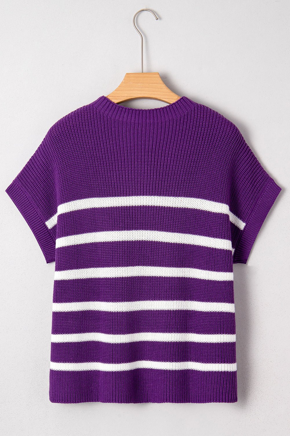 Purple Stripe Raw Edge Patched Pocket Short Sleeve Knit Sweater - MAD RUFFI
