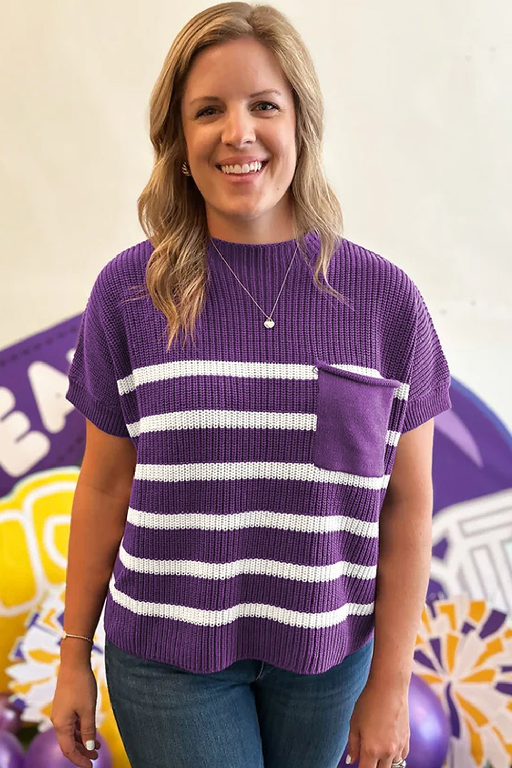 Purple Stripe Raw Edge Patched Pocket Short Sleeve Knit Sweater - MAD RUFFI