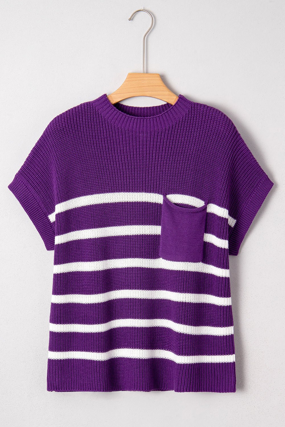Purple Stripe Raw Edge Patched Pocket Short Sleeve Knit Sweater - MAD RUFFI