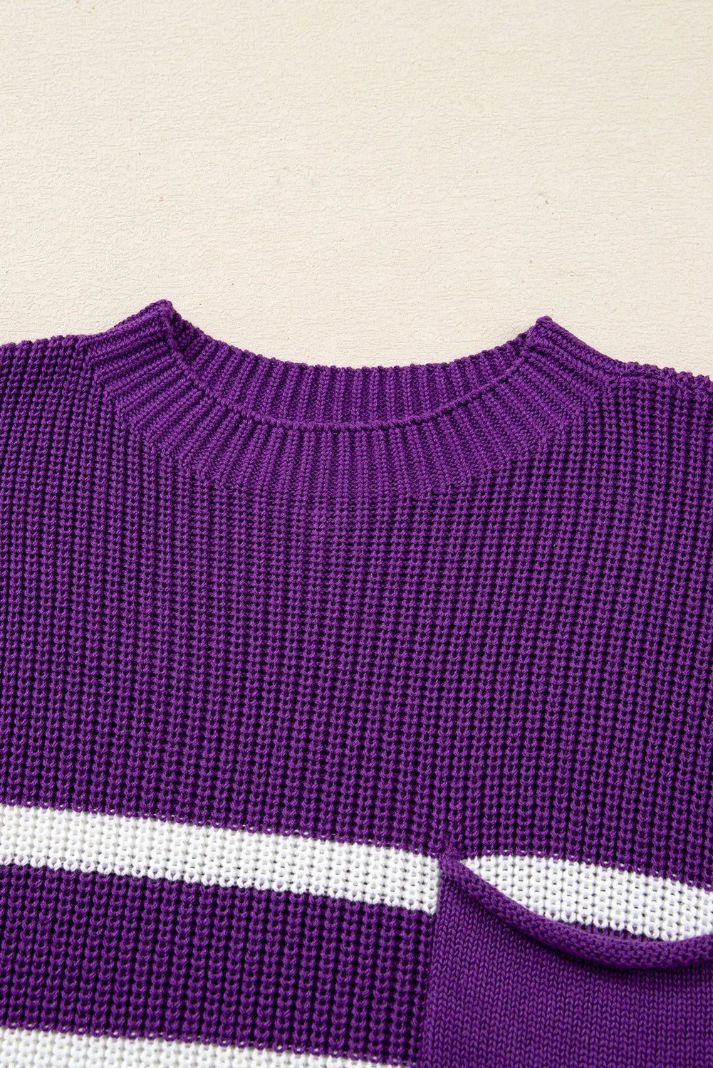 Purple Stripe Raw Edge Patched Pocket Short Sleeve Knit Sweater - MAD RUFFI