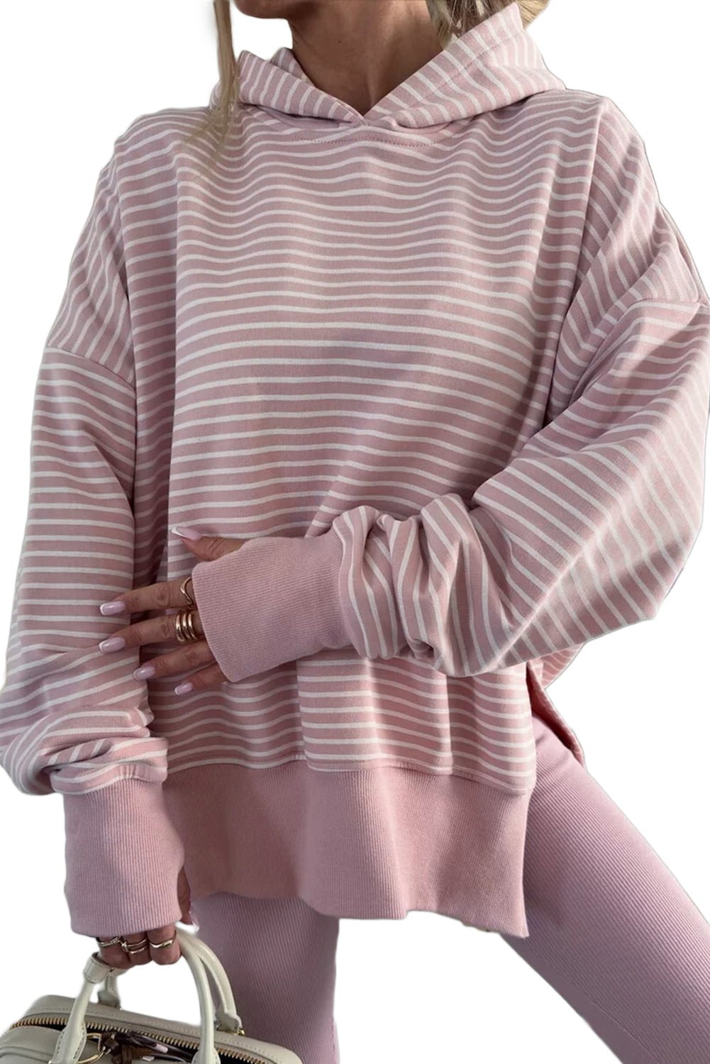 Purple Stripe Thumbhole Side Slits Drop Shoulder Loose Fit Hoodie - MAD RUFFI