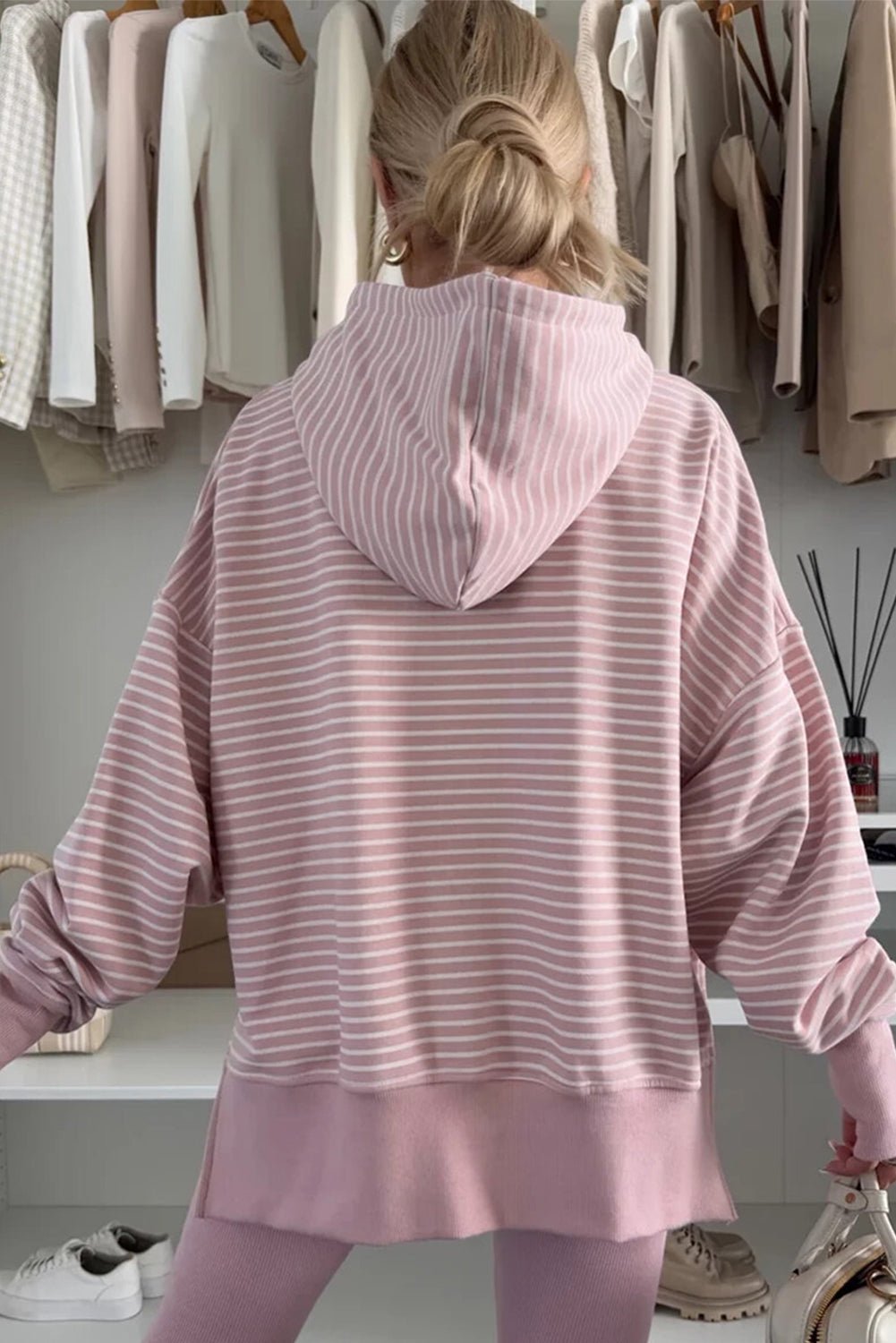 Purple Stripe Thumbhole Side Slits Drop Shoulder Loose Fit Hoodie - MAD RUFFI