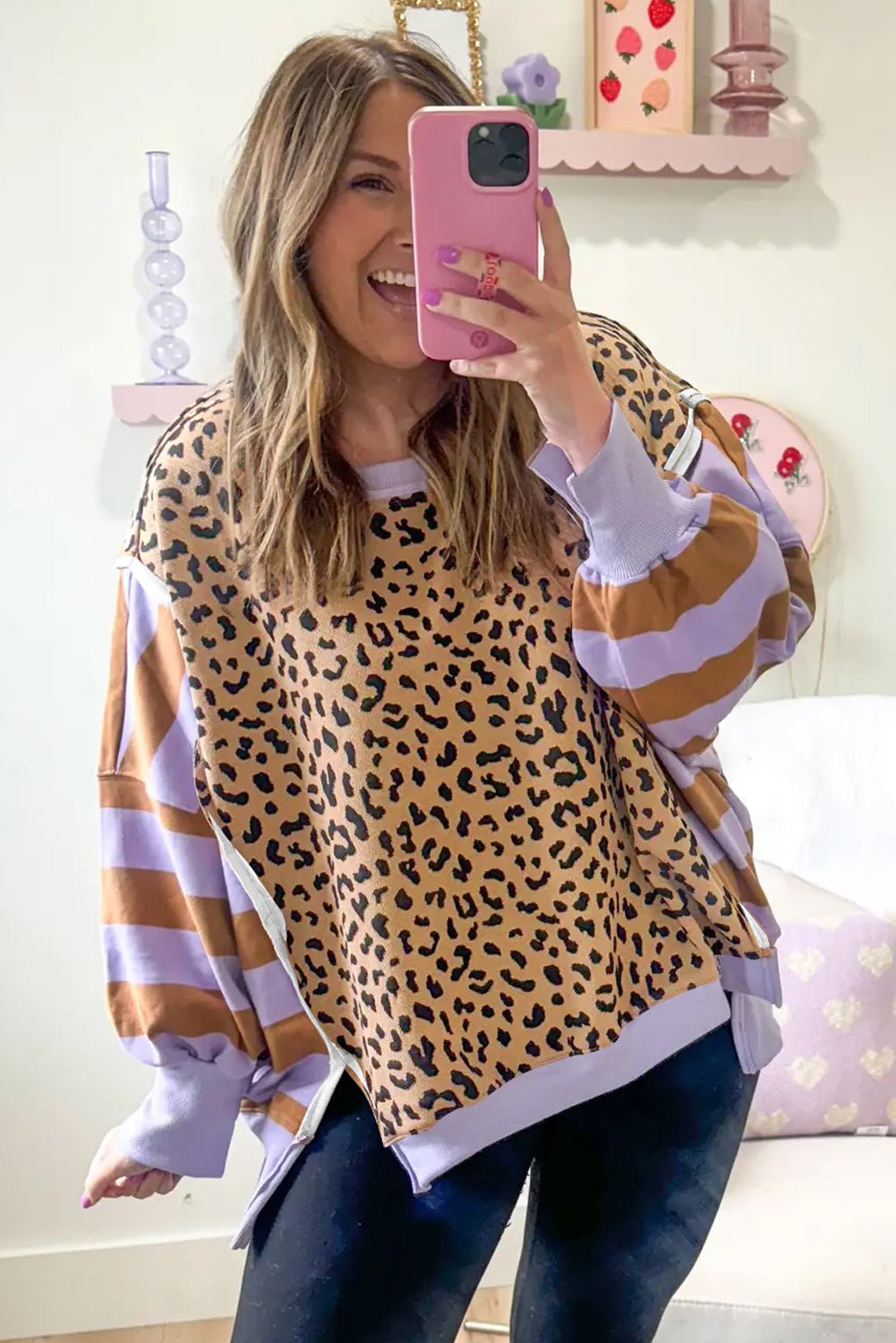 Purple Striped Leopard Colorblock Side Slits Sweatshirt - MAD RUFFI