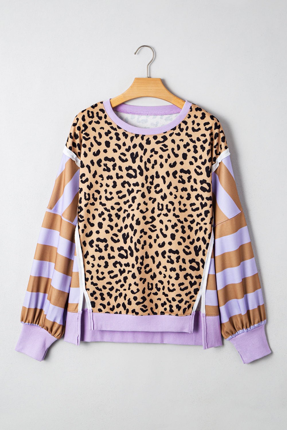 Purple Striped Leopard Colorblock Side Slits Sweatshirt - MAD RUFFI