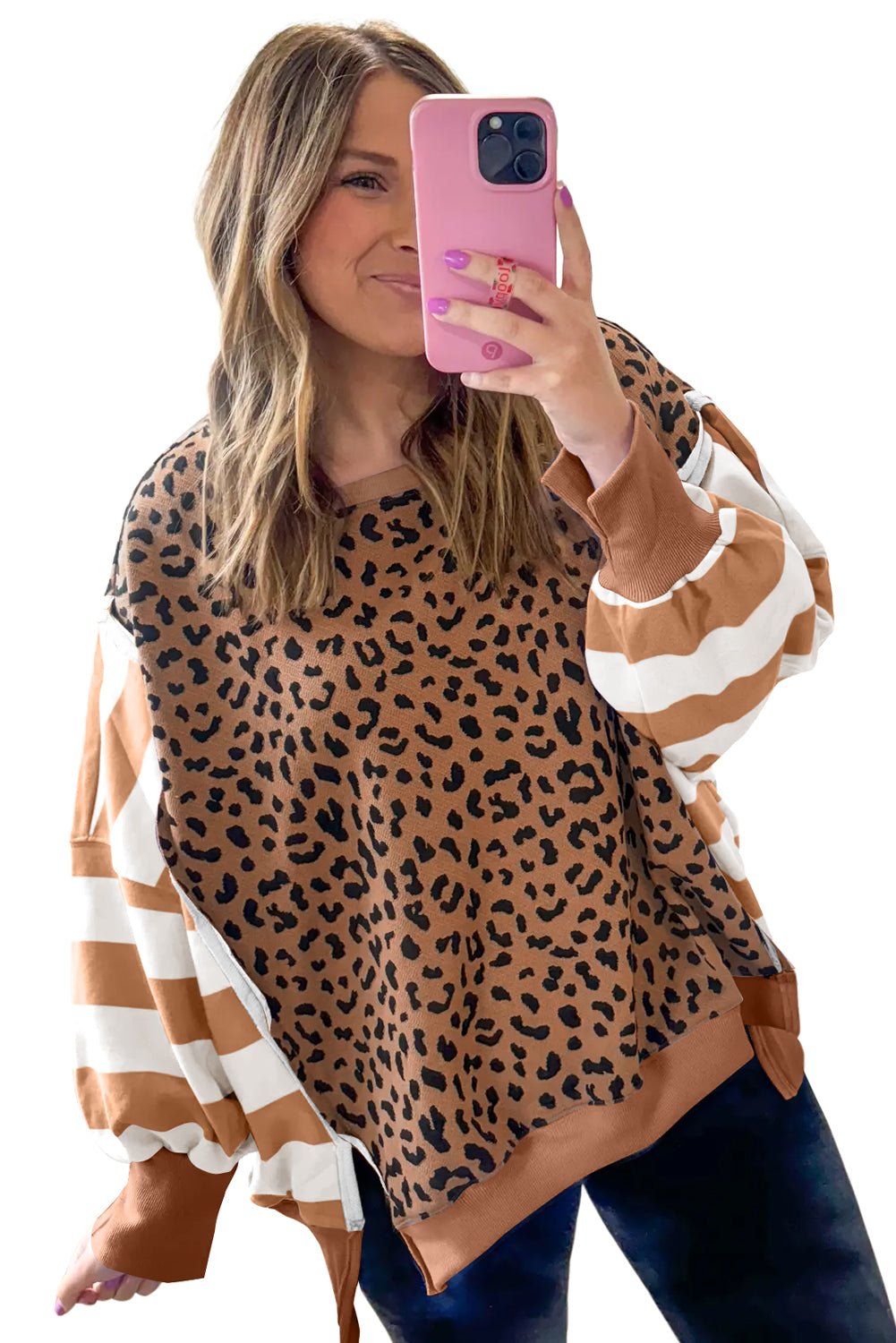 Purple Striped Leopard Colorblock Side Slits Sweatshirt - MAD RUFFI