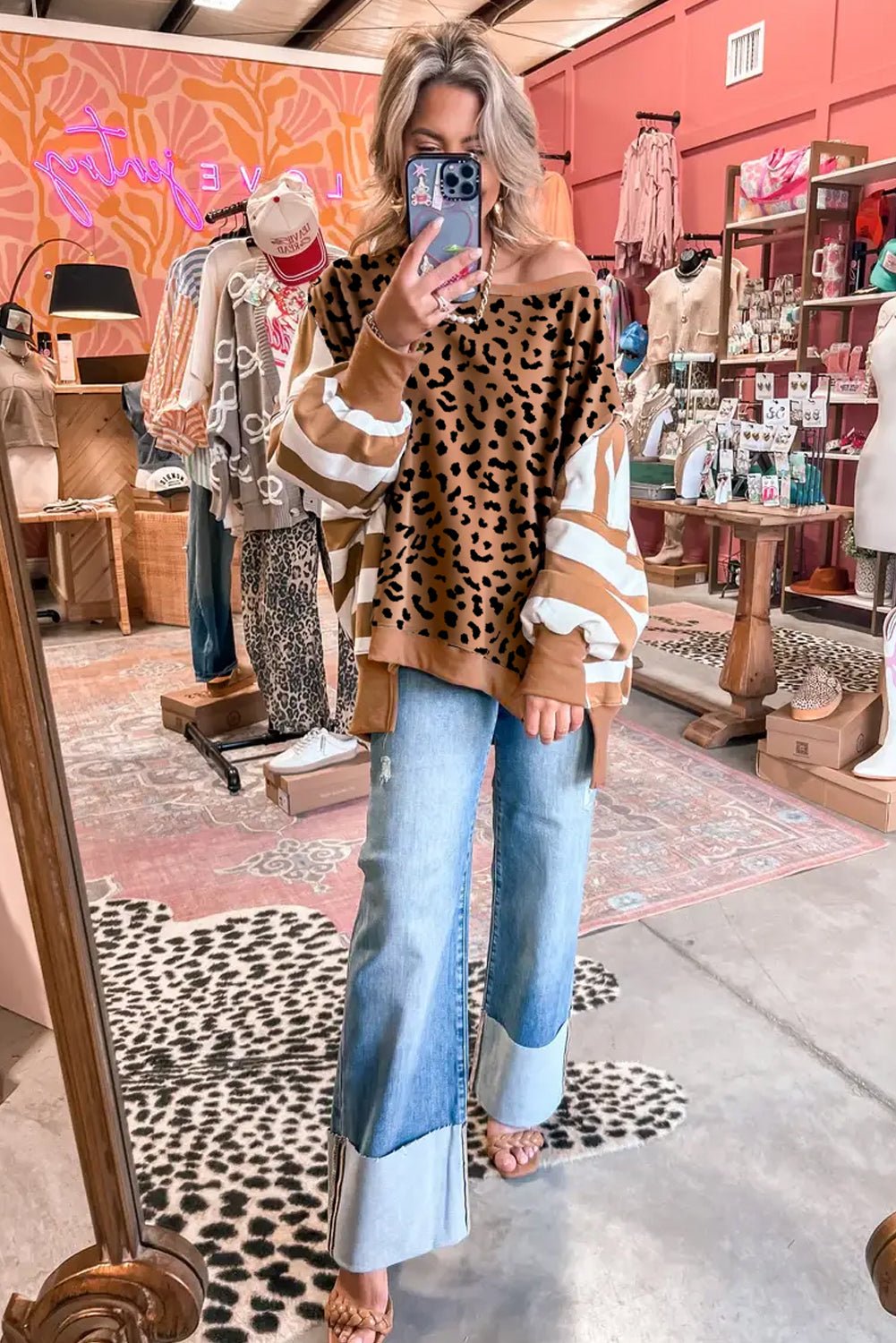 Purple Striped Leopard Colorblock Side Slits Sweatshirt - MAD RUFFI