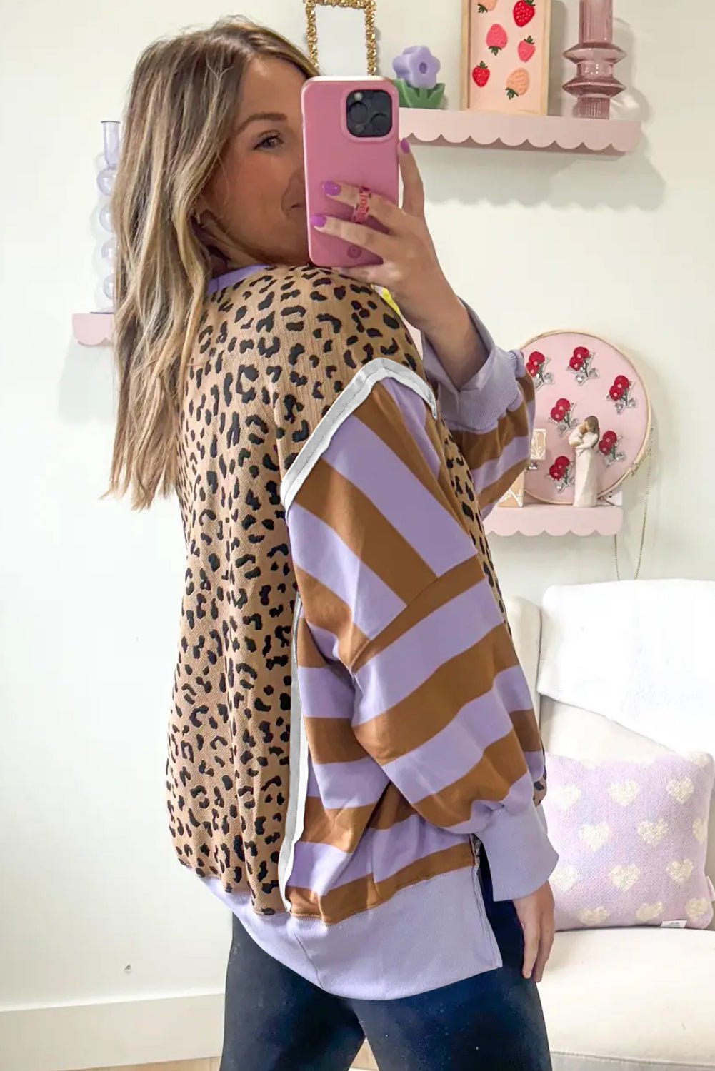 Purple Striped Leopard Colorblock Side Slits Sweatshirt - MAD RUFFI