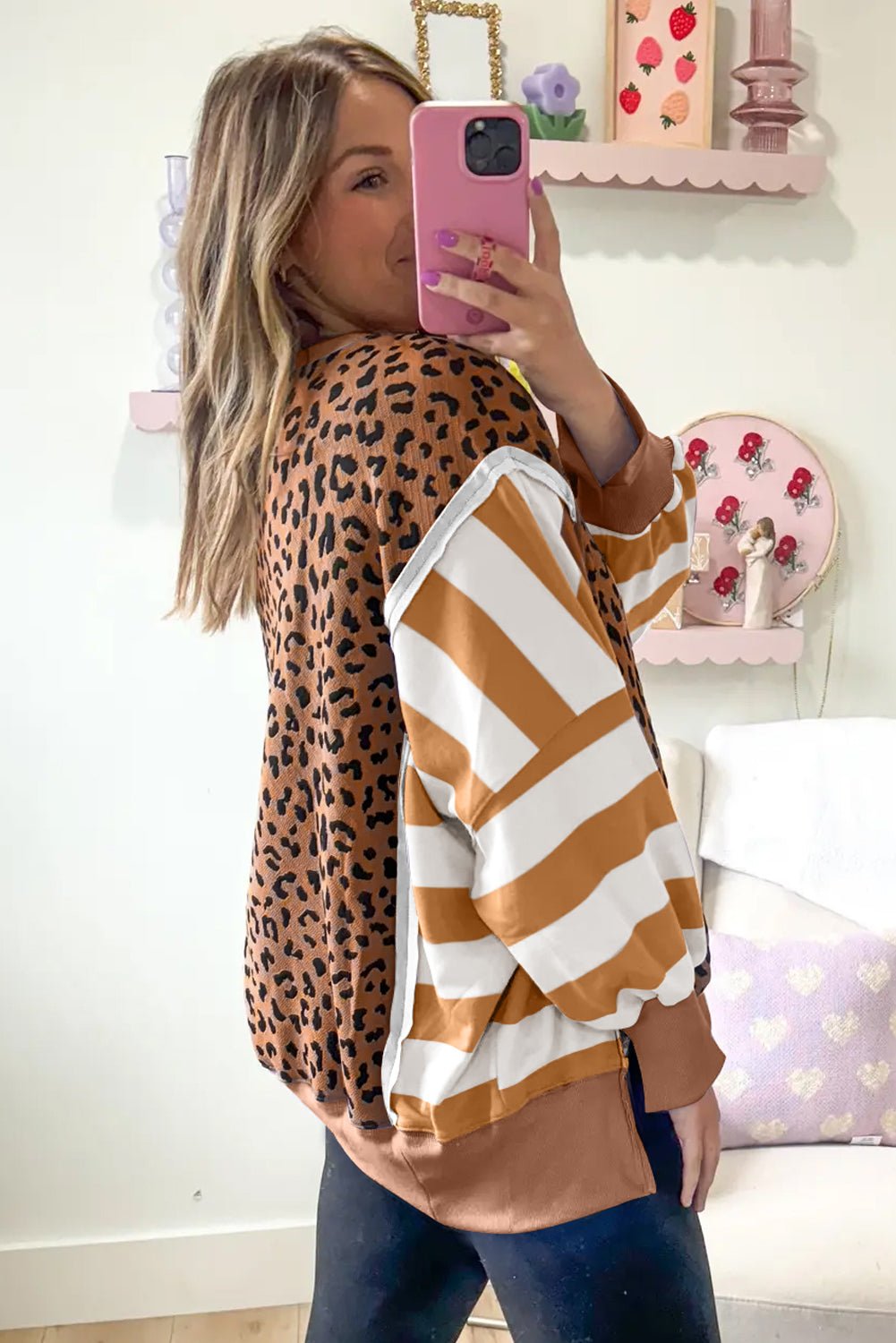 Purple Striped Leopard Colorblock Side Slits Sweatshirt - MAD RUFFI