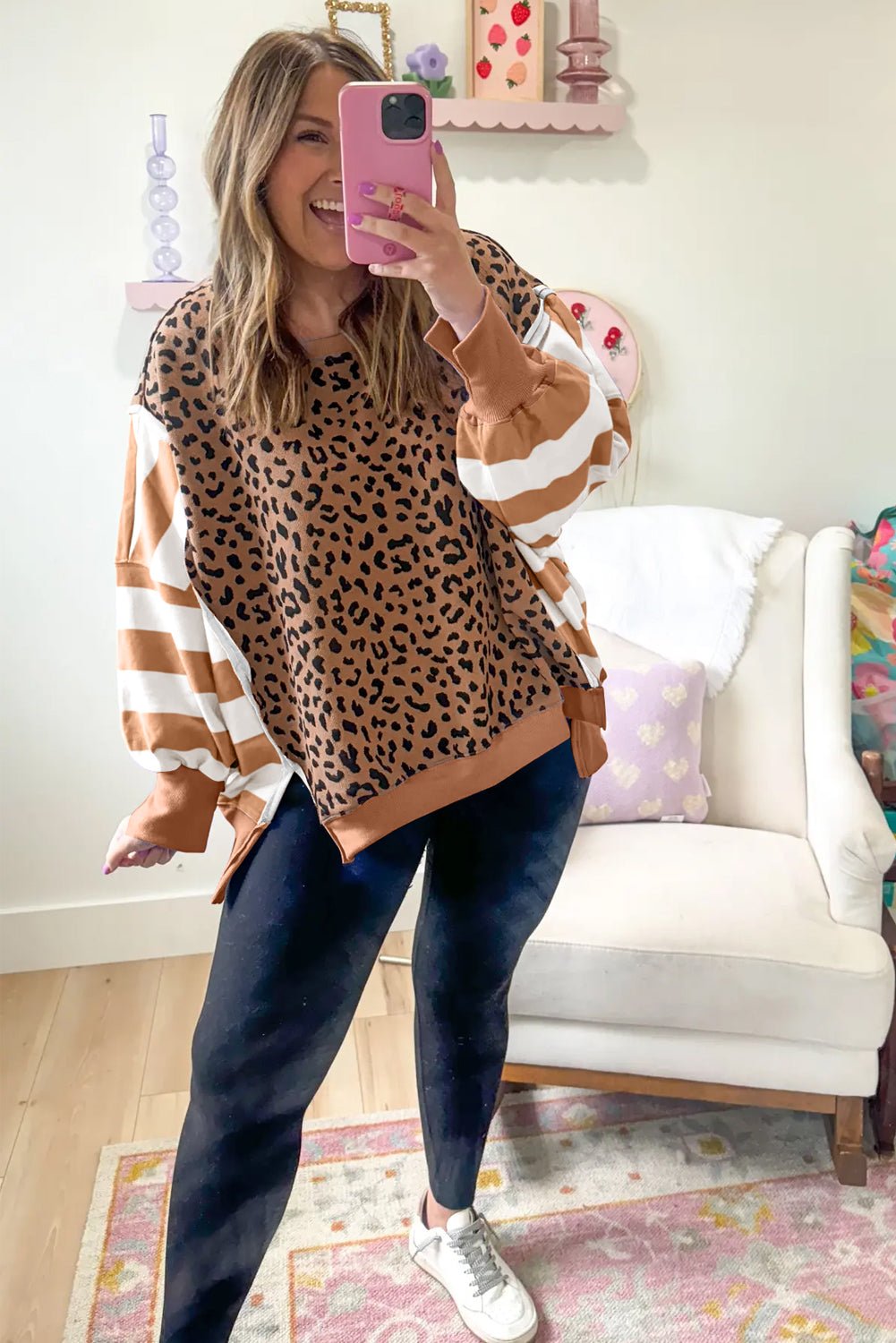 Purple Striped Leopard Colorblock Side Slits Sweatshirt - MAD RUFFI