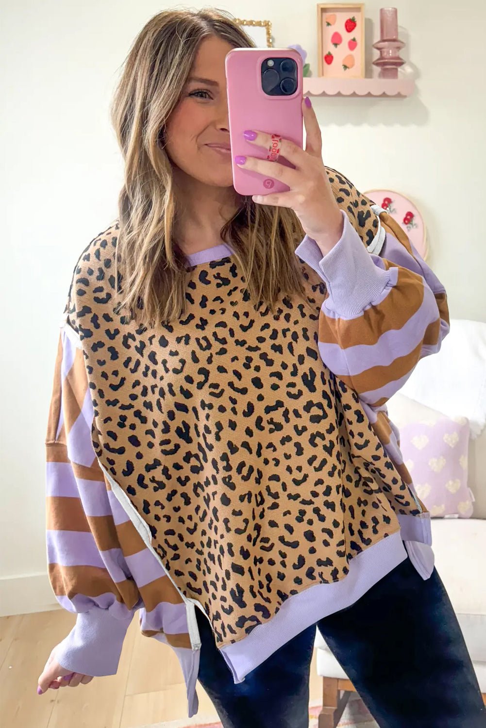 Purple Striped Leopard Colorblock Side Slits Sweatshirt - MAD RUFFI