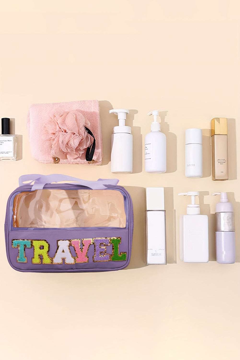 Purple TRAVEL Letter Clear PVC Makeup Bag - MAD RUFFI