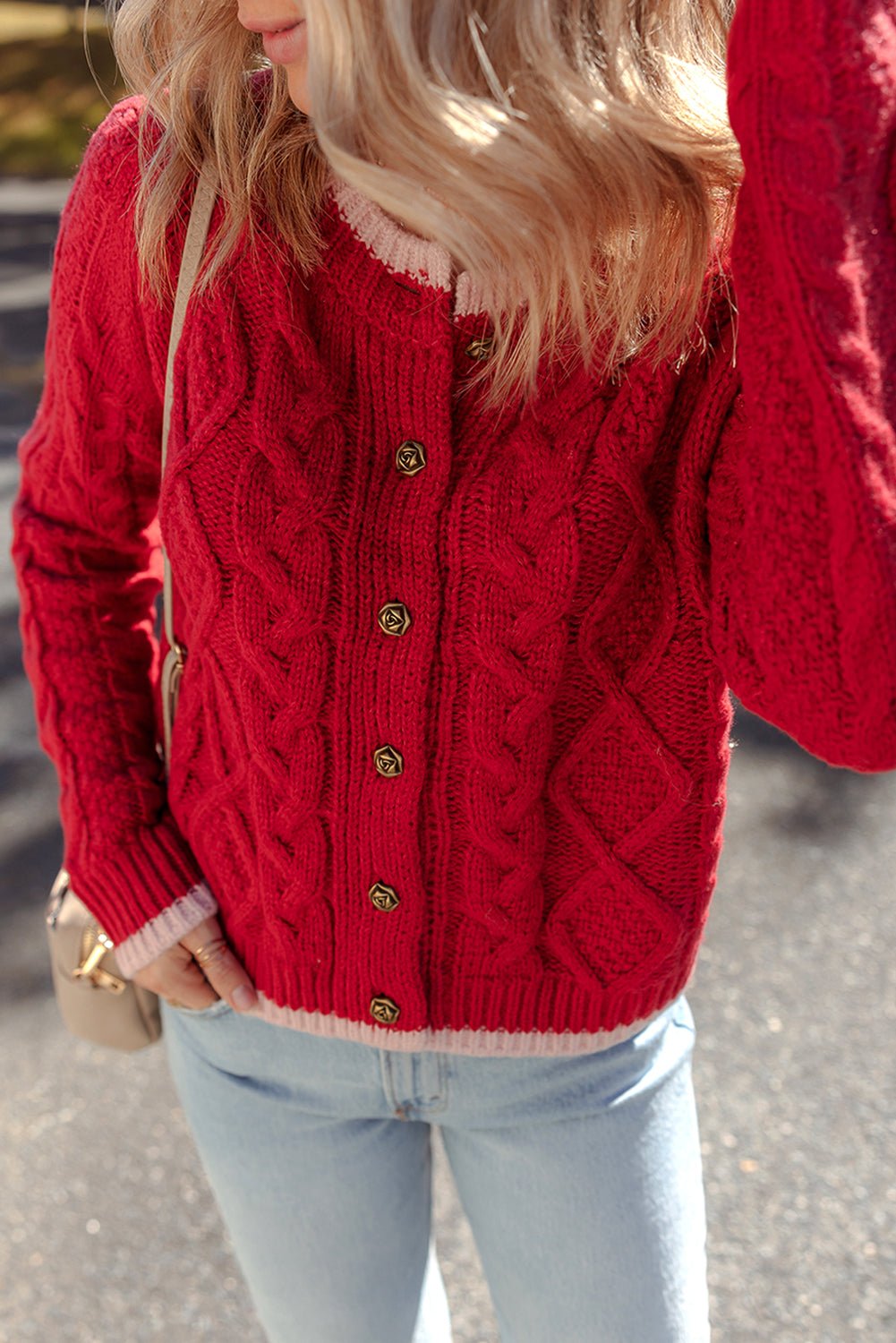 Racing Red Contrast Edge Twist Cable Knit Buttoned Cardigan - MAD RUFFI