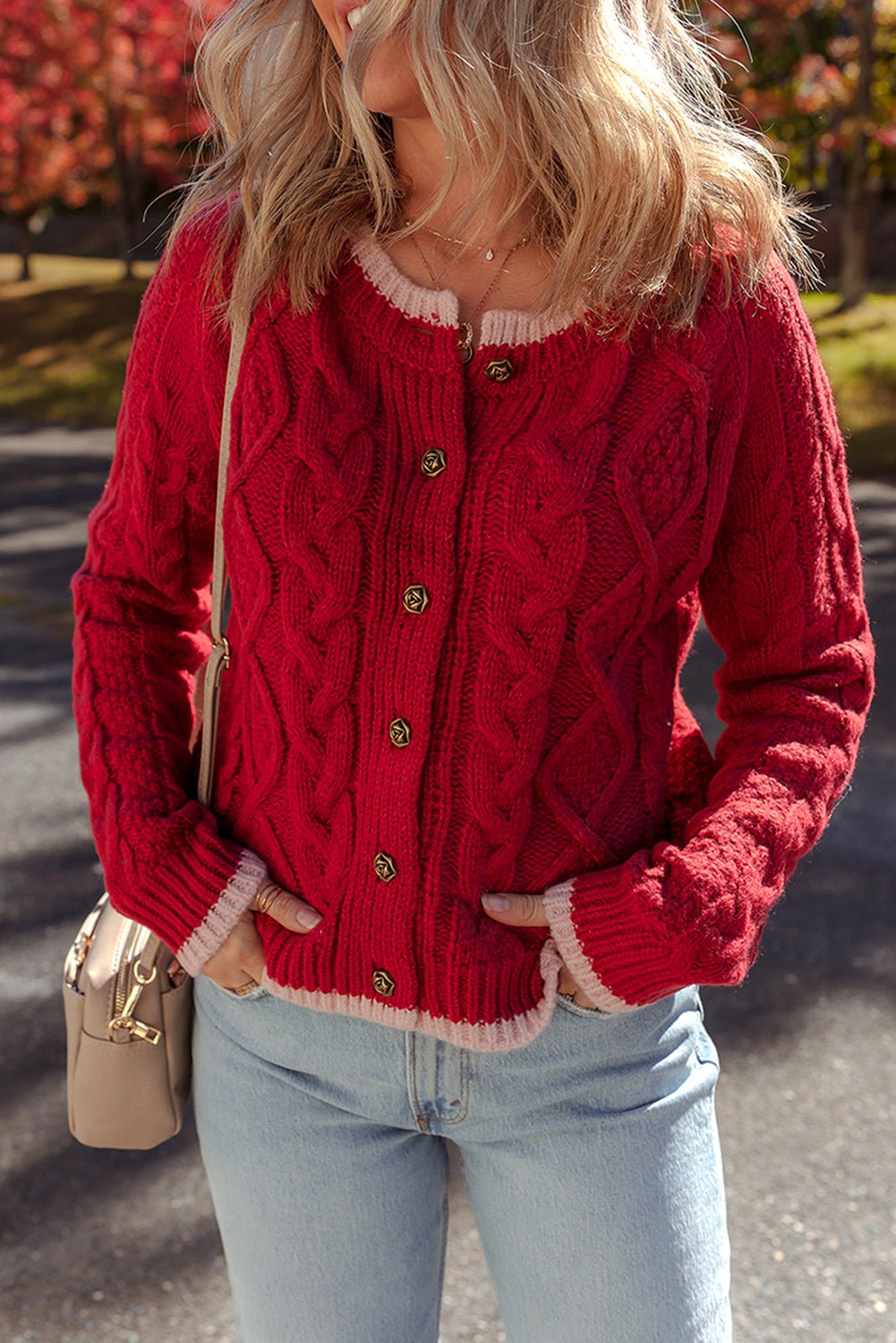 Racing Red Contrast Edge Twist Cable Knit Buttoned Cardigan - MAD RUFFI
