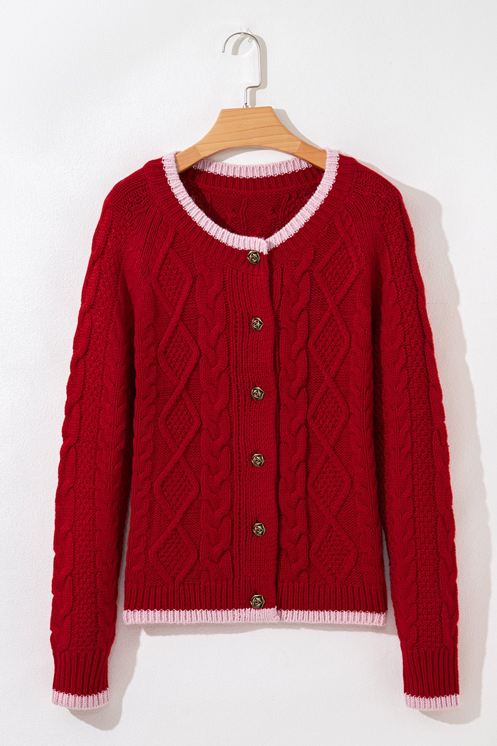 Racing Red Contrast Edge Twist Cable Knit Buttoned Cardigan - MAD RUFFI