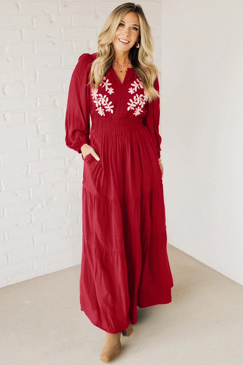 Racing Red Contrast Embroidered Detail Cinched Waist Tiered Long Sleeve Maxi Dress - MAD RUFFI