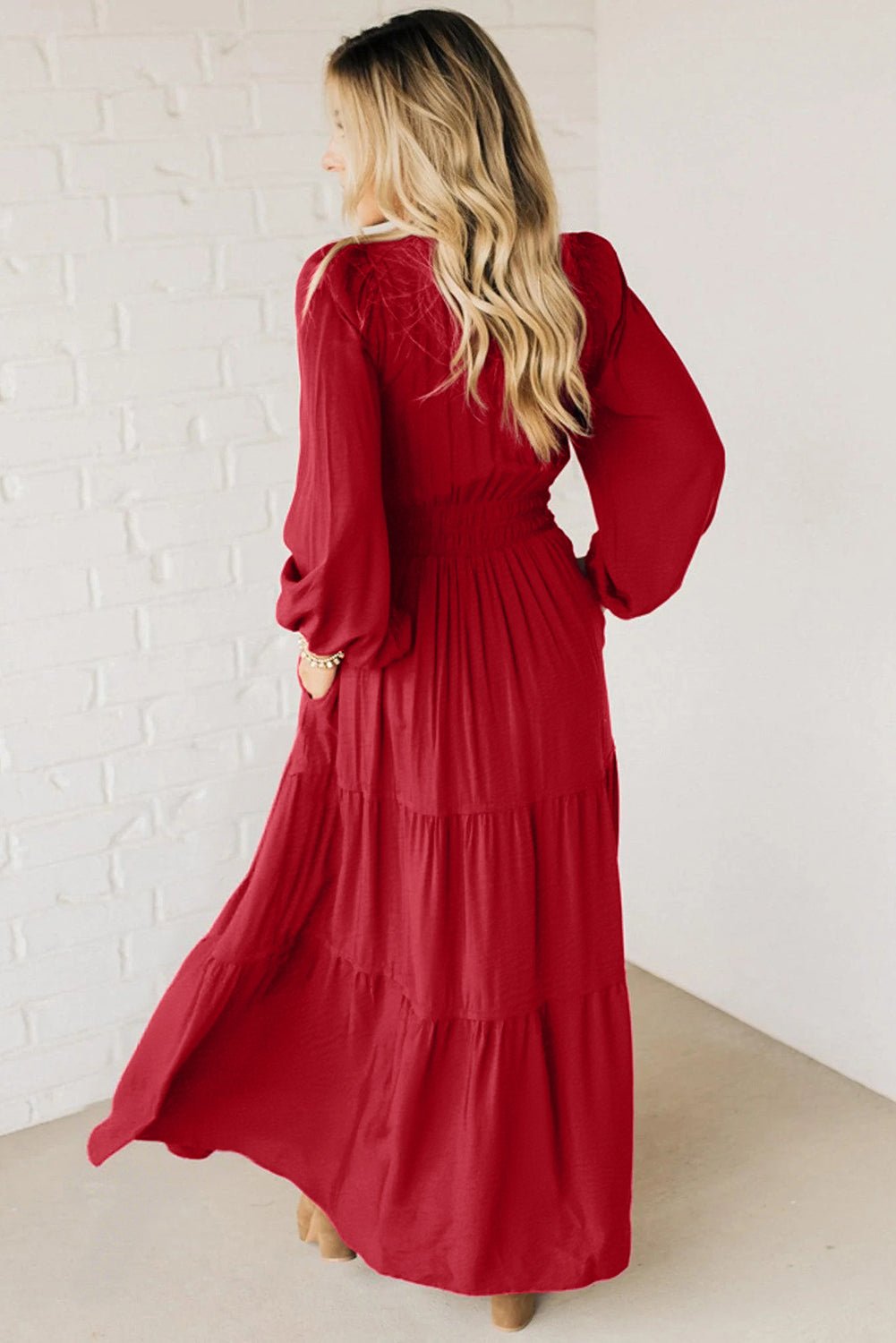 Racing Red Contrast Embroidered Detail Cinched Waist Tiered Long Sleeve Maxi Dress - MAD RUFFI