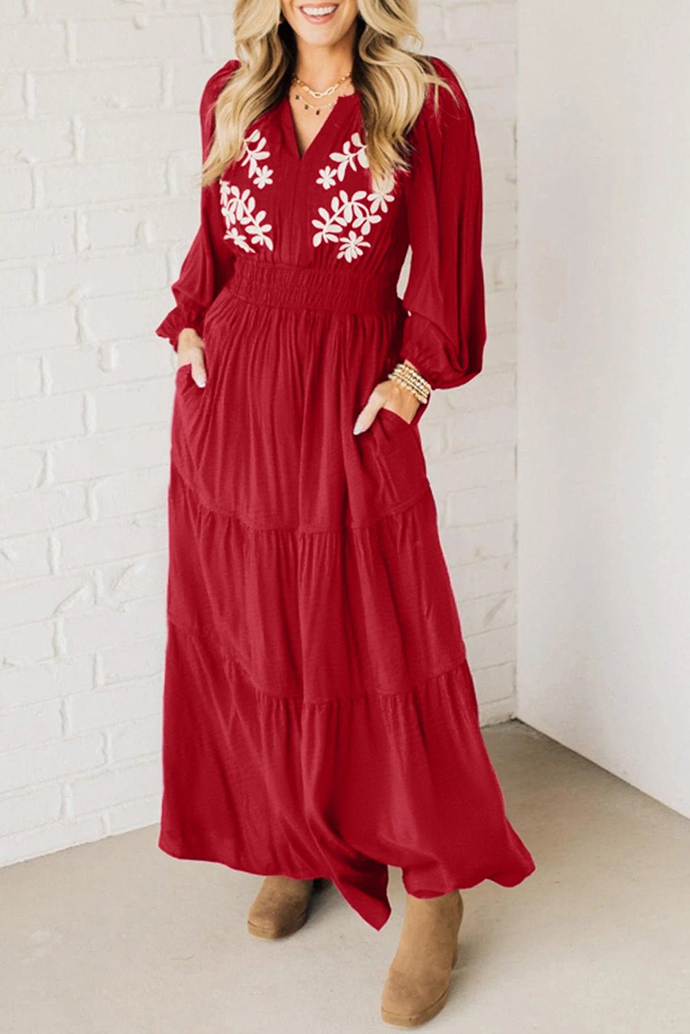 Racing Red Contrast Embroidered Detail Cinched Waist Tiered Long Sleeve Maxi Dress - MAD RUFFI