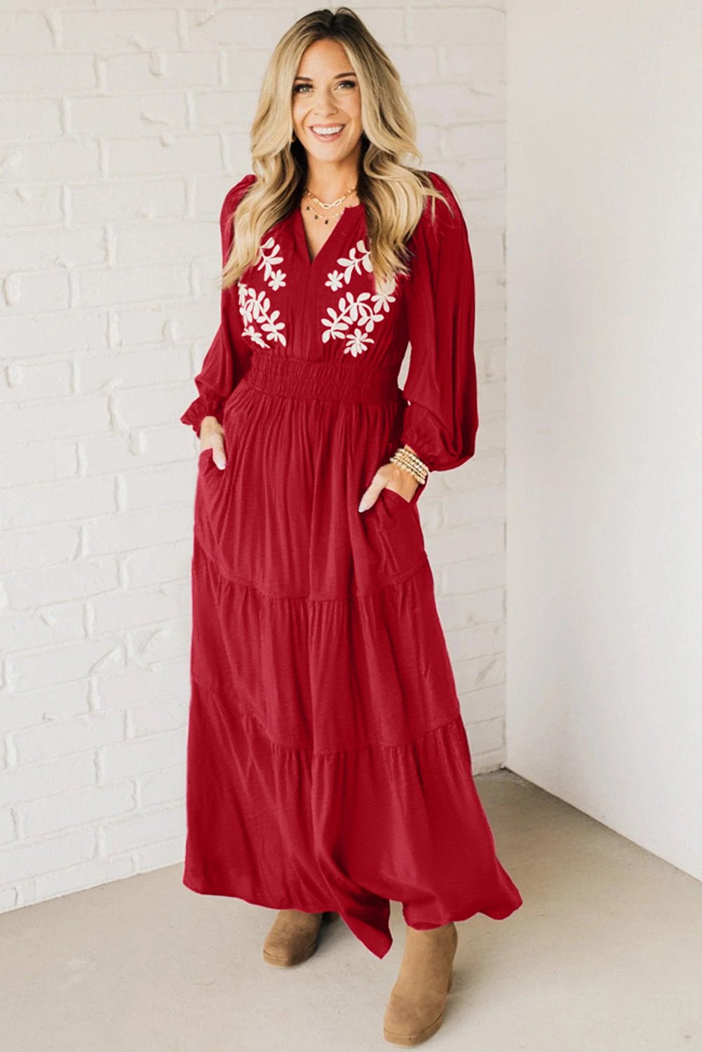 Racing Red Contrast Embroidered Detail Cinched Waist Tiered Long Sleeve Maxi Dress - MAD RUFFI