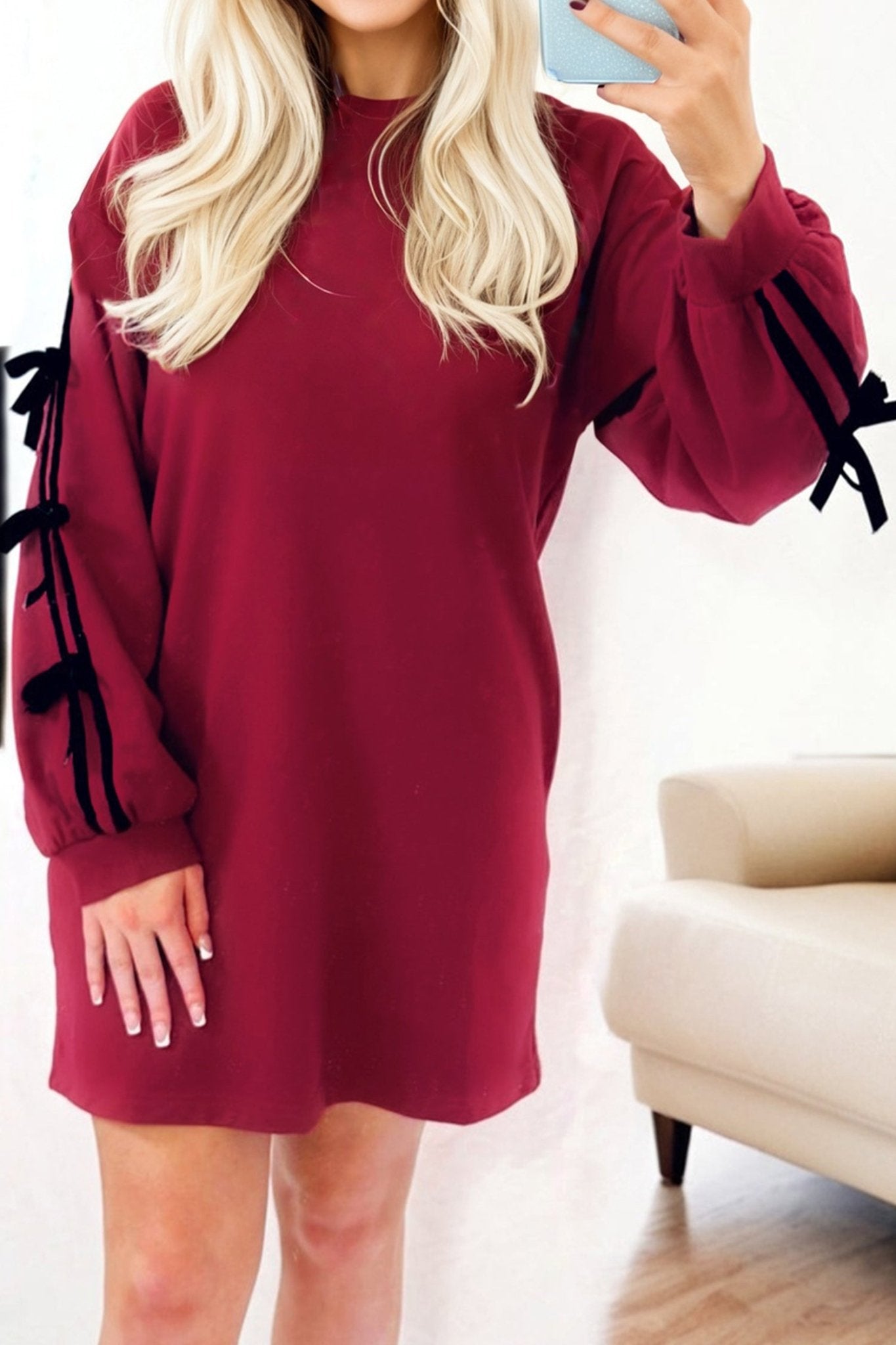 Racing Red Contrast Striped Bow Detail Drop Shoulder Sweatshirt Dress with Pockets - MAD RUFFI