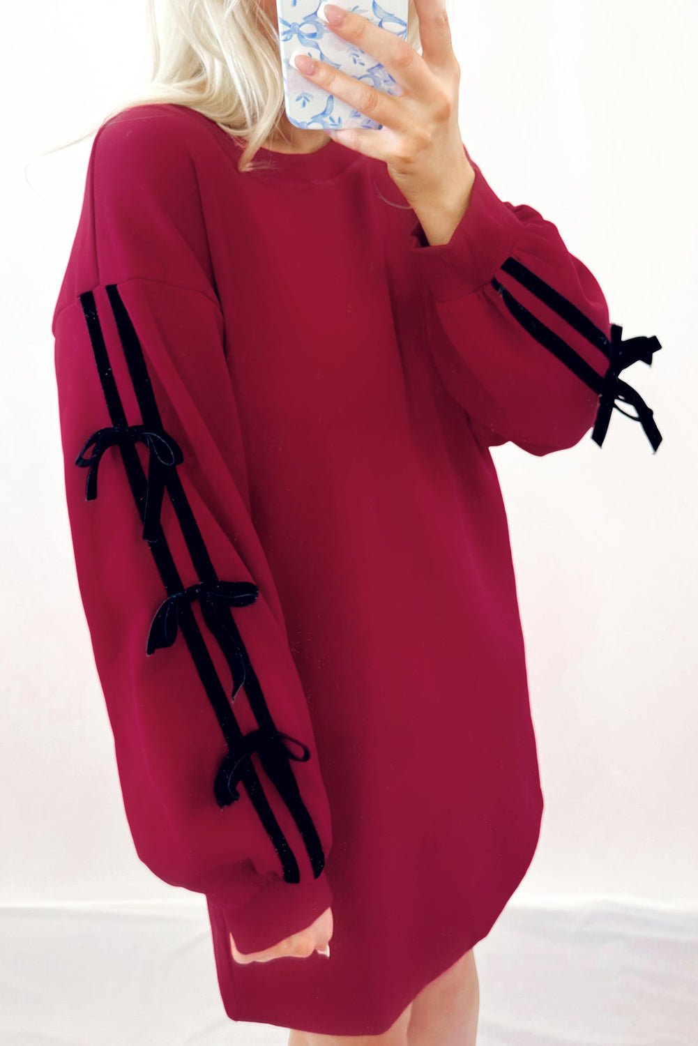 Racing Red Contrast Striped Bow Detail Drop Shoulder Sweatshirt Dress with Pockets - MAD RUFFI