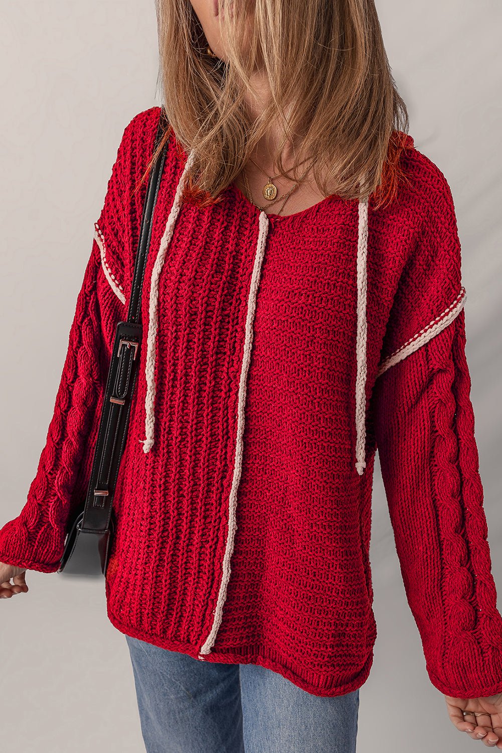 Racing Red Contrast Trim Textured Knit Drawstring Hooded Sweater - MAD RUFFI