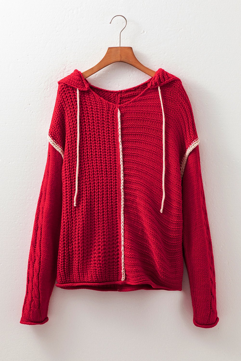 Racing Red Contrast Trim Textured Knit Drawstring Hooded Sweater - MAD RUFFI