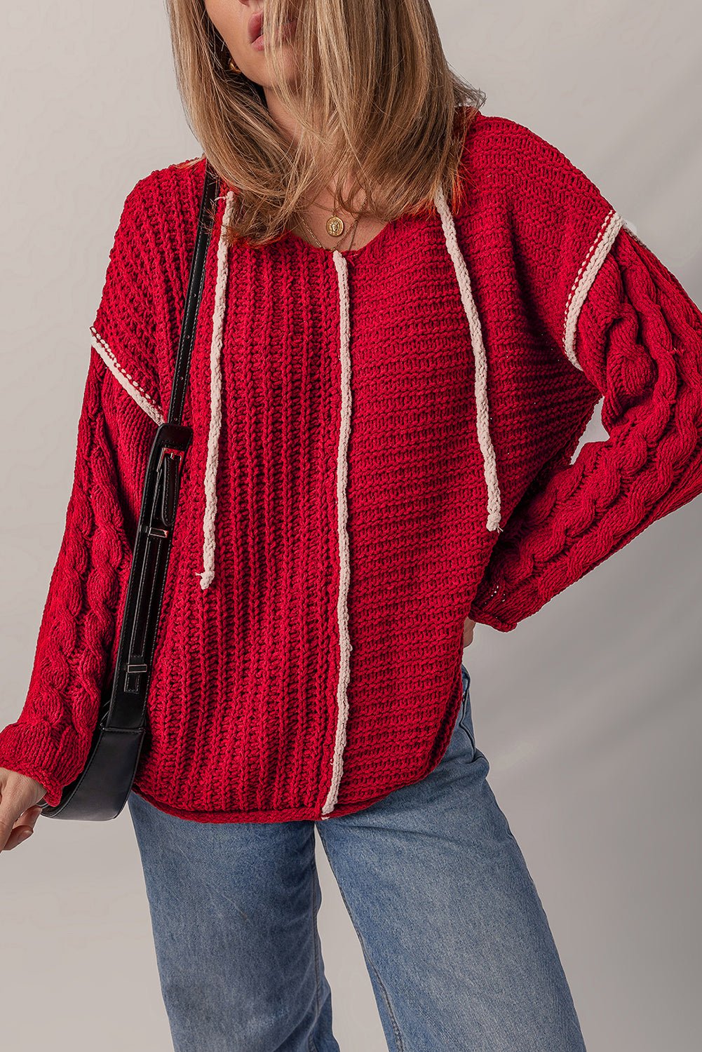 Racing Red Contrast Trim Textured Knit Drawstring Hooded Sweater - MAD RUFFI