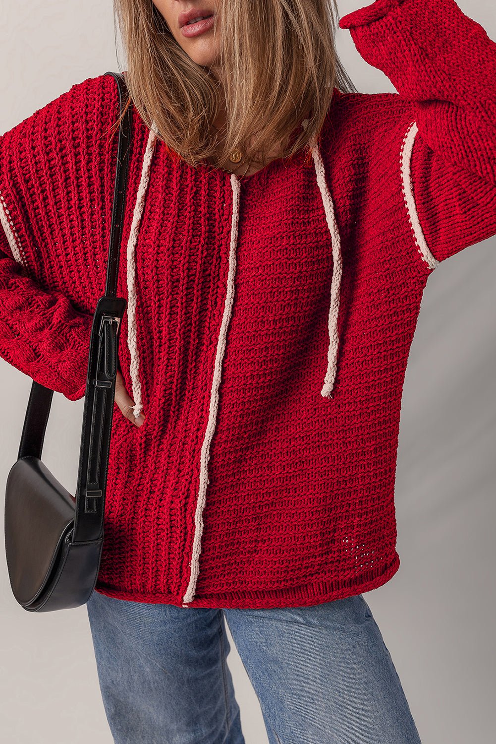 Racing Red Contrast Trim Textured Knit Drawstring Hooded Sweater - MAD RUFFI