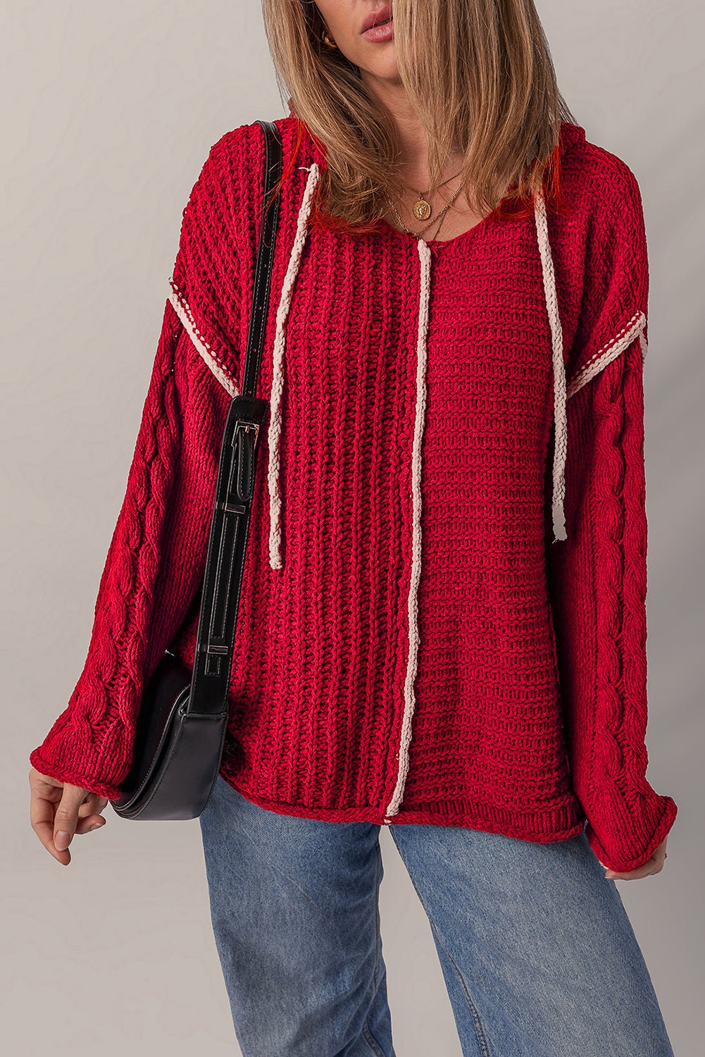 Racing Red Contrast Trim Textured Knit Drawstring Hooded Sweater - MAD RUFFI
