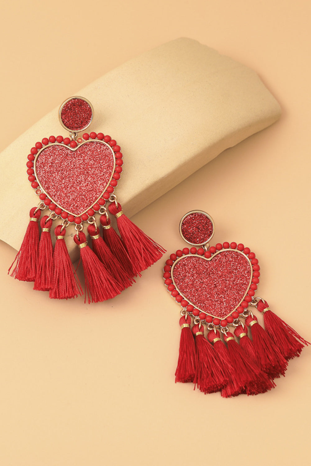 Racing Red Glitter Heart Tassel Valentines Earrings - MAD RUFFI