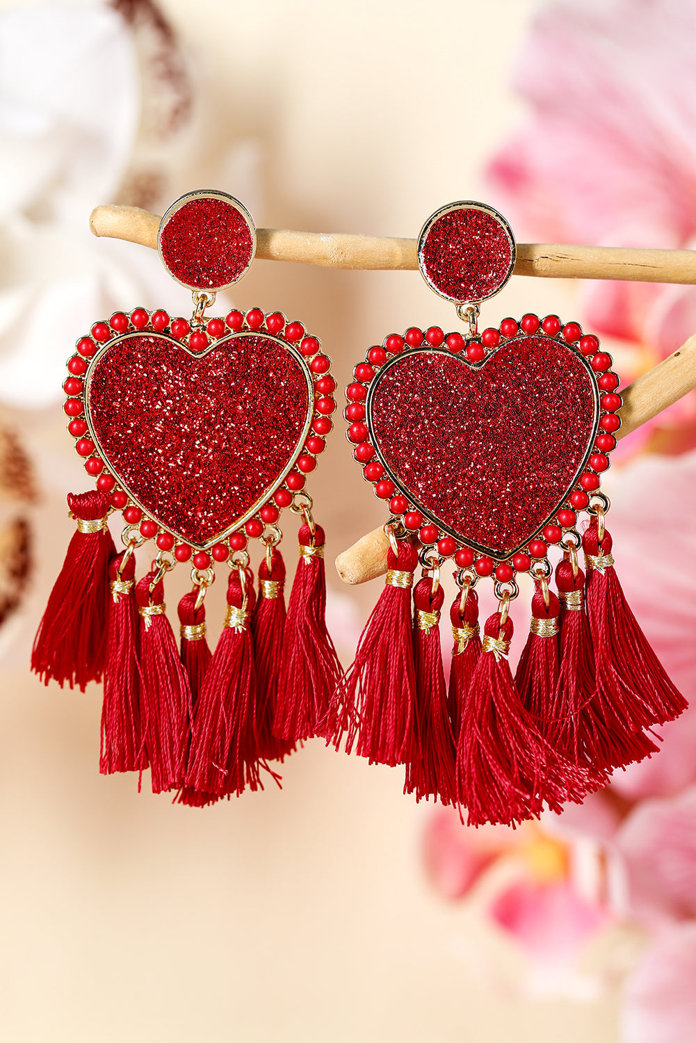 Racing Red Glitter Heart Tassel Valentines Earrings - MAD RUFFI