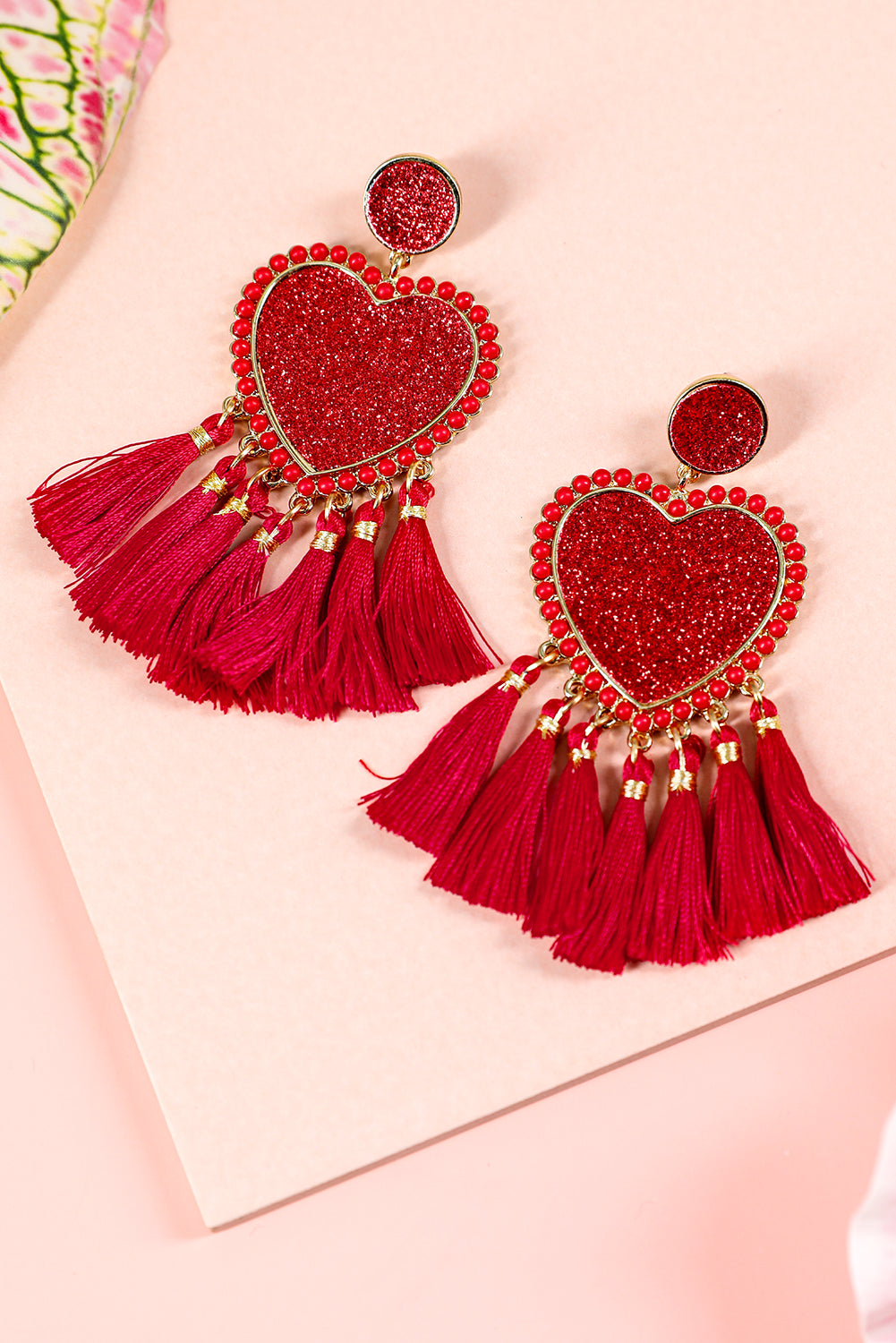 Racing Red Glitter Heart Tassel Valentines Earrings - MAD RUFFI