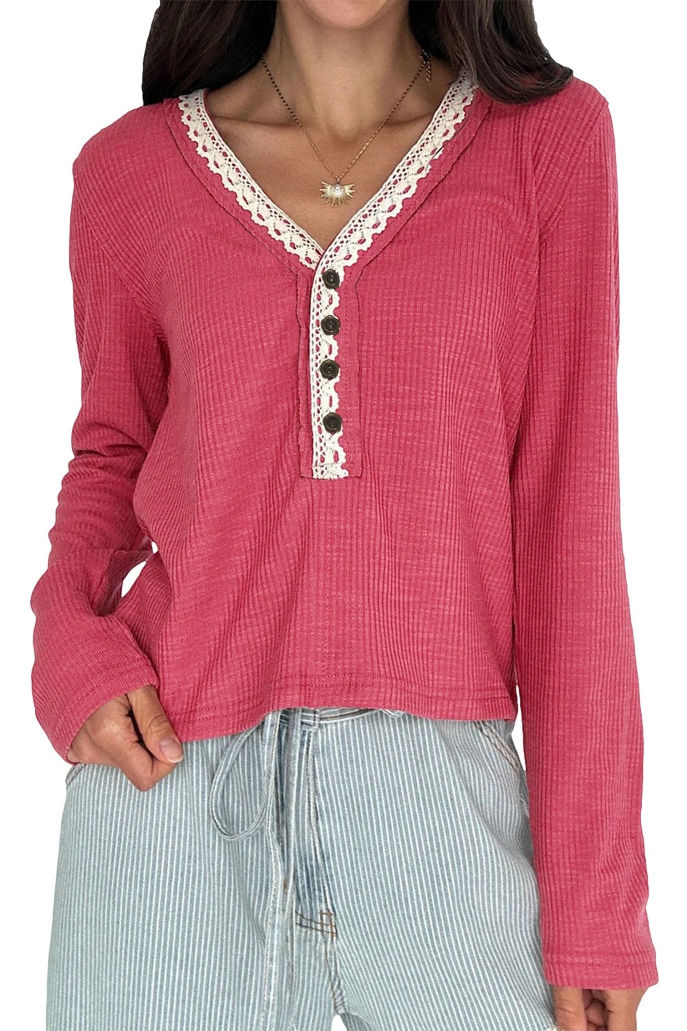 Racing Red Lace Detail V Neck Patchwork Ribbed Top - MAD RUFFI
