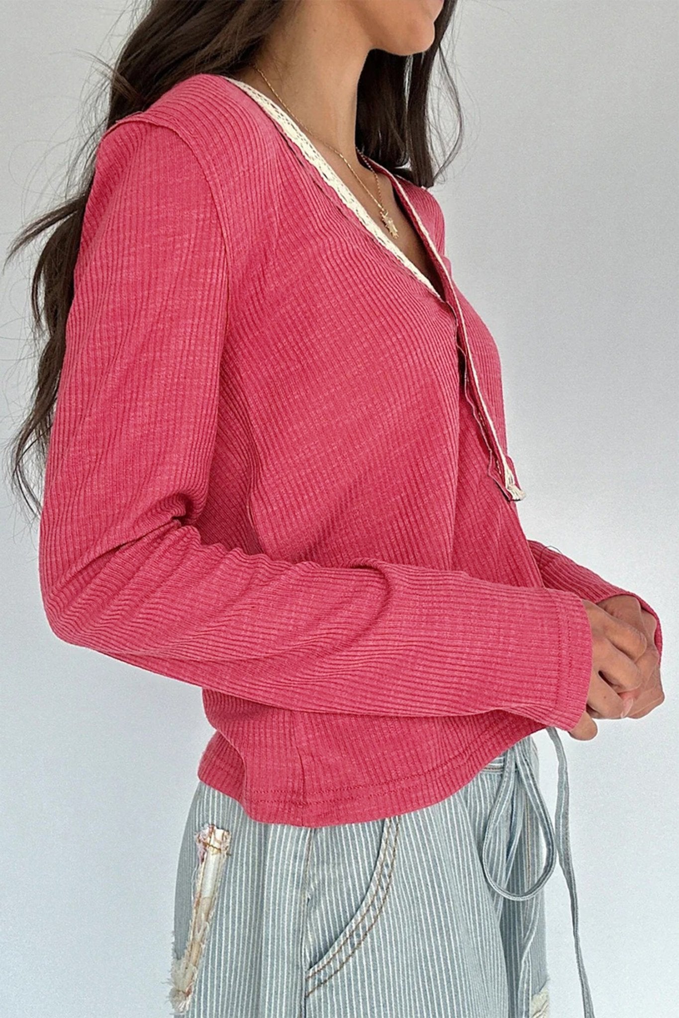 Racing Red Lace Detail V Neck Patchwork Ribbed Top - MAD RUFFI