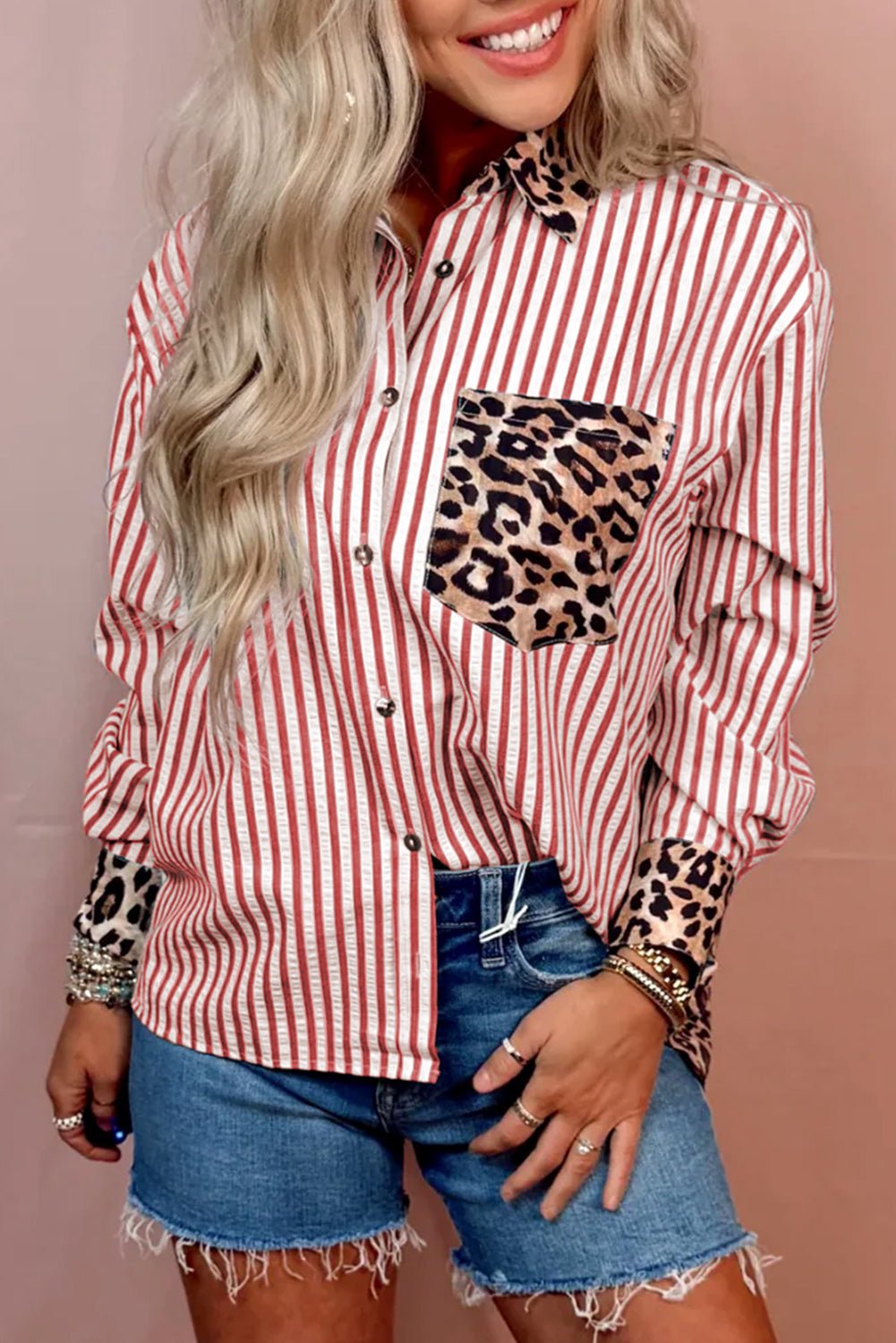 Racing Red Leopard and Striped Patchwork Button Shirt - MAD RUFFI