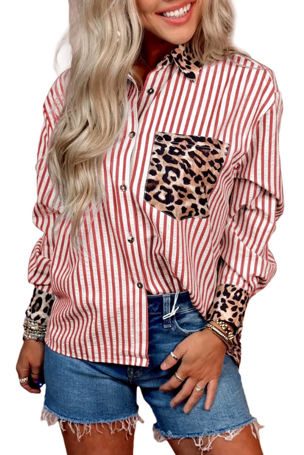 Racing Red Leopard and Striped Patchwork Button Shirt - MAD RUFFI