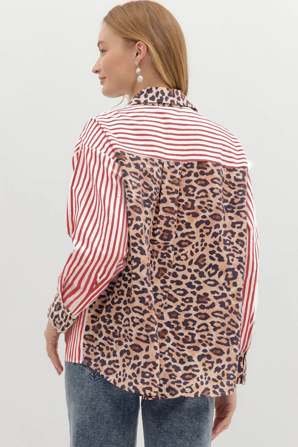 Racing Red Leopard and Striped Patchwork Button Shirt - MAD RUFFI